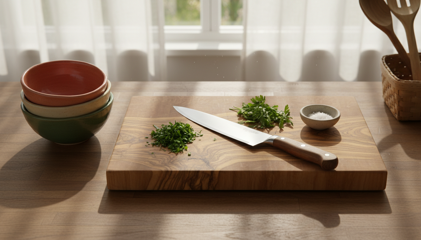 A well-organized wooden kitchen workstation countertop featuring a collection of essential cooking tools: a brushed stainless steel chef’s knife, a rustic olive wood cutting board with visible knife marks, vibrant ceramic mixing bowls in muted earth tones, and a small pile of precisely chopped herbs. The station is set near a window, with soft midday natural light illuminating textures and casting diffuse shadows. The mood is practical yet inviting, capturing the process of building a recipe foundation. Shot from a slightly elevated, centered angle, sharp focus throughout, with a clean, modern, and organic aesthetic that emphasizes the adaptive craft of cooking.