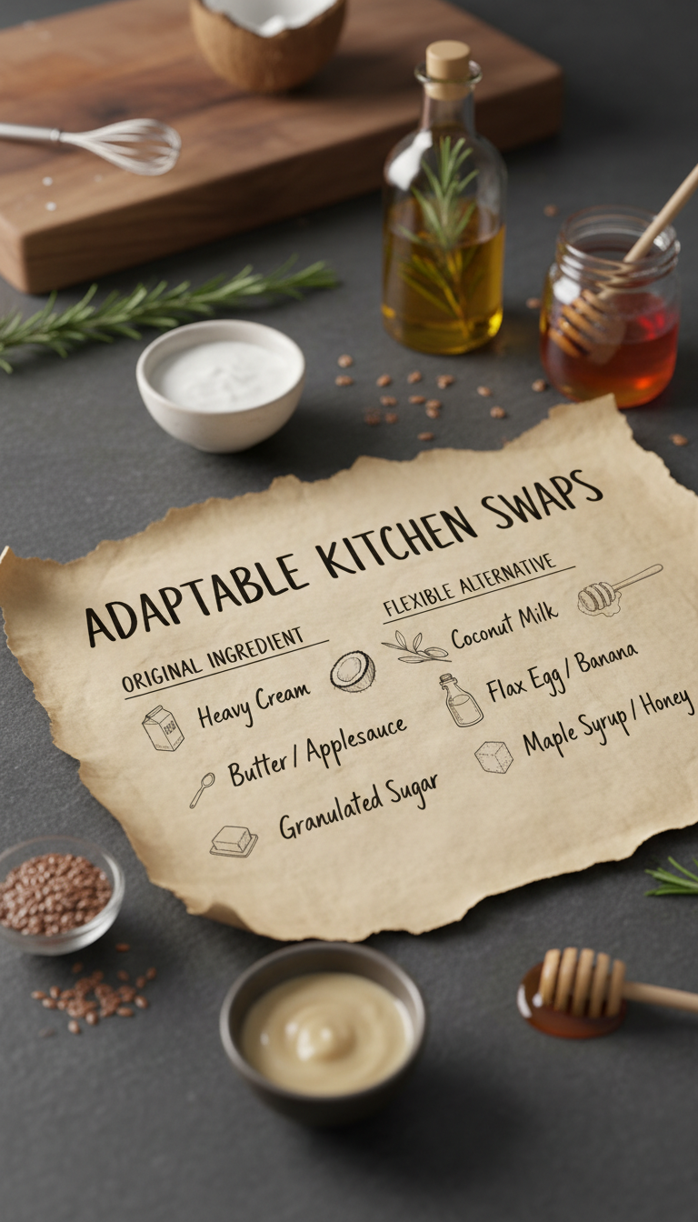 A close-up of a handwritten substitution chart on textured parchment, featuring neat ink sketches of classic recipe ingredients and their flexible alternatives—like heavy cream replaced by coconut milk or butter swapped for olive oil—surrounded by a few raw ingredients placed for visual context on a slate countertop. Warm, focused task lighting creates a cozy, thoughtful atmosphere with subtle highlights on both paper and ingredients. Captured at a low, desk-level angle with selective focus on the chart, background softly blurred. The artistic style is organic and modern, visually reinforcing the site’s message of adaptable culinary logic.