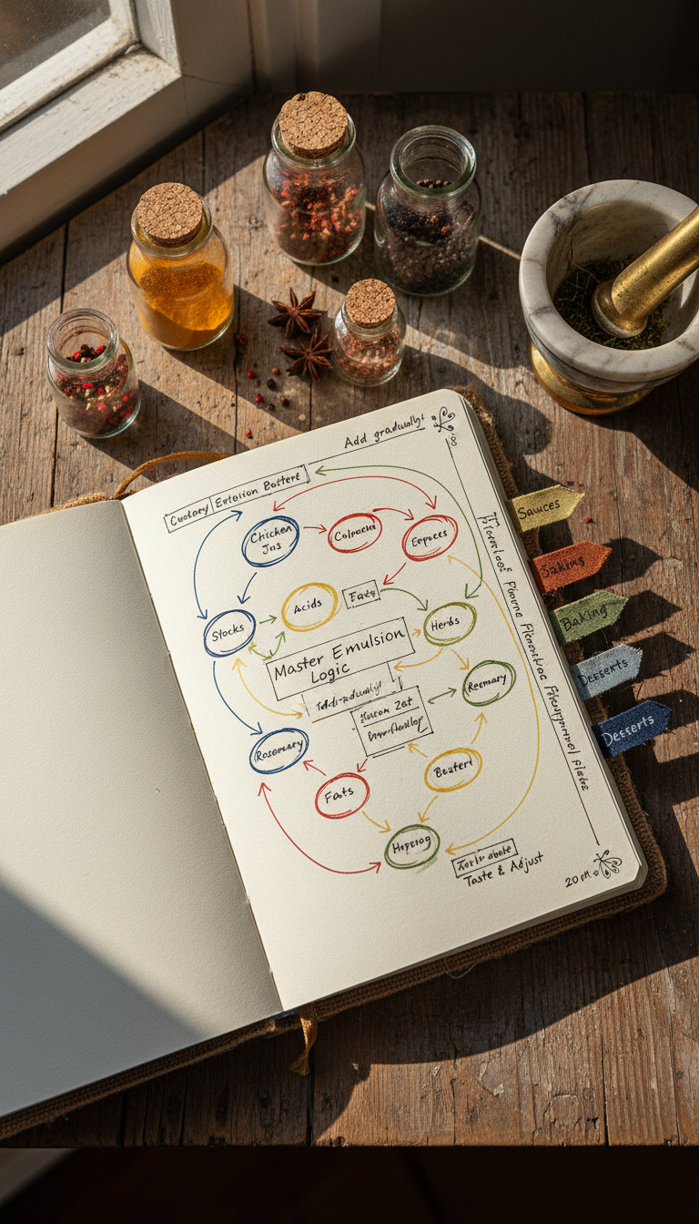 An open, hand-bound recipe notebook with visible tabs and margin notes, filled with diagrams that map out the logic of a sauce’s construction—arrows connecting stocks, acids, herbs, fat components, each in different ink colors—resting on a reclaimed wood table littered with spice jars and a vintage mortar and pestle. Late-afternoon sunlight streams through a nearby window, creating long, soft-edged shadows and a gently warm ambiance. Shot from a top-down angle with sharp detail centered on the notebook, corners subtly vignetted for focus. The mood is creative and experimental, suited to a living commons of recipe knowledge.