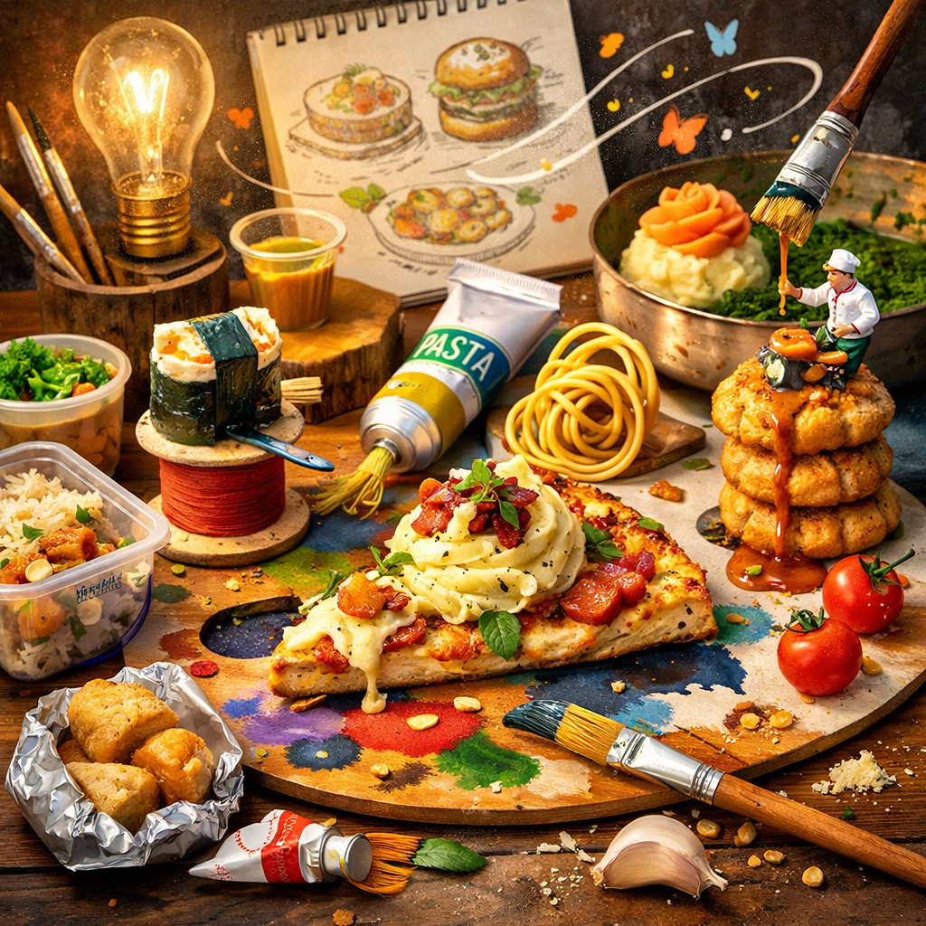 Artistic arrangement of various foods and painting brushes on an artist's palette