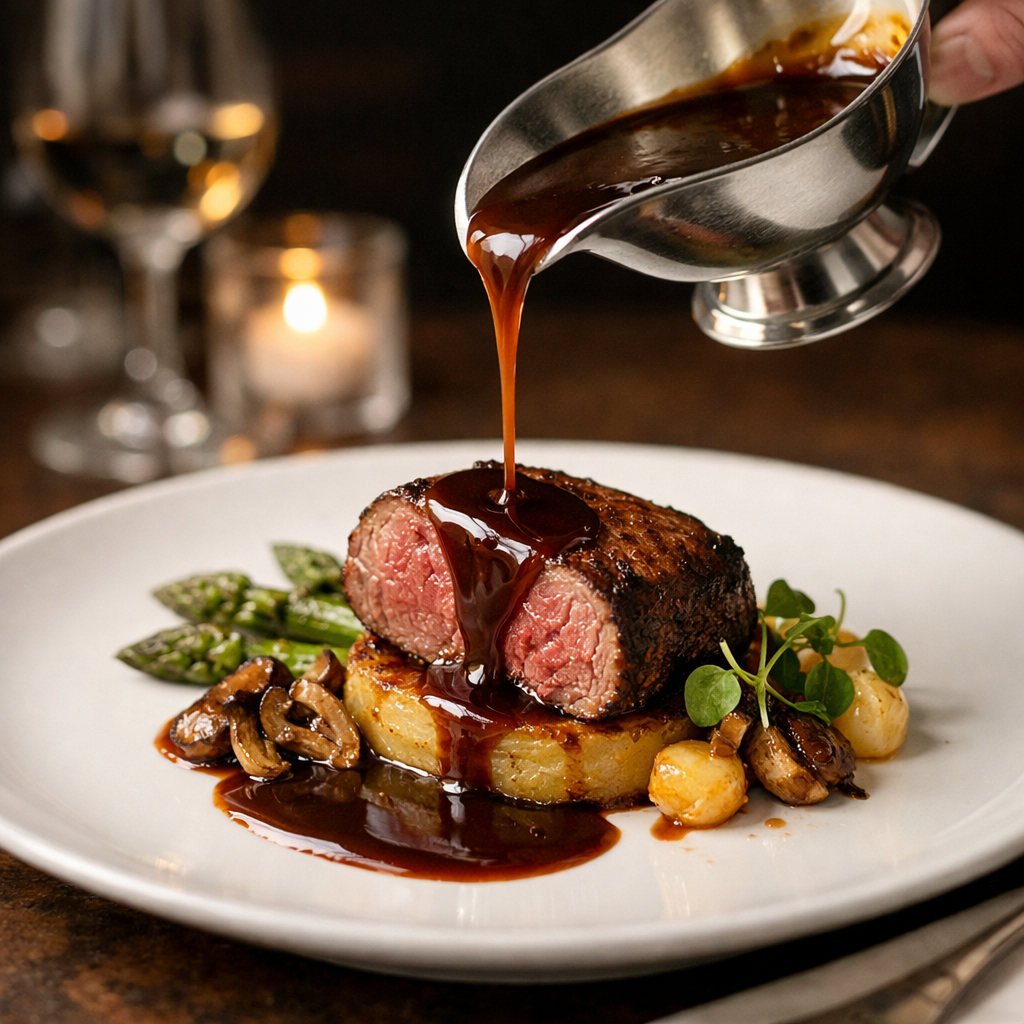 Medium-rare steak on potato cake with mushrooms, asparagus, and sauce being poured